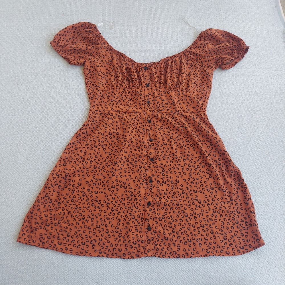 Trixxi Mini Dress Womens XL Rust Leopard‎ Print Button Front Puff Sleeve Casual